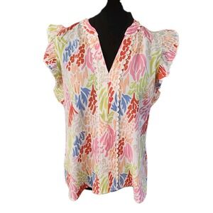 Mary‎ Square Kira Top Medium Coral Cove White Colorful Ruffle Sleeve Sm